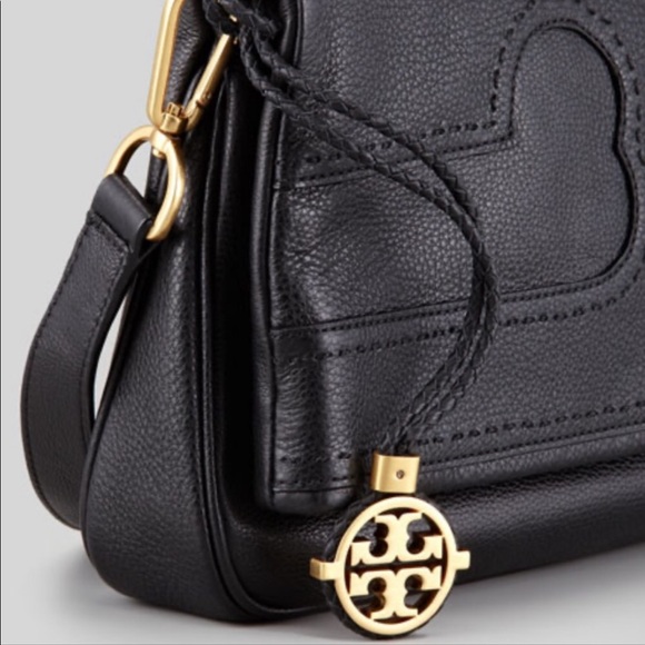 Tory Burch Amalie black fold over messenger black pebbled leather bag - Picture 8 of 16